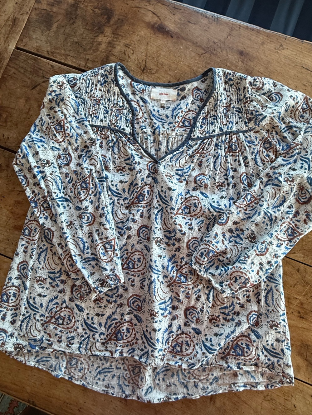 Xirena Boho Paisley Long-Sleeve Peasant Top - Blue & Brown